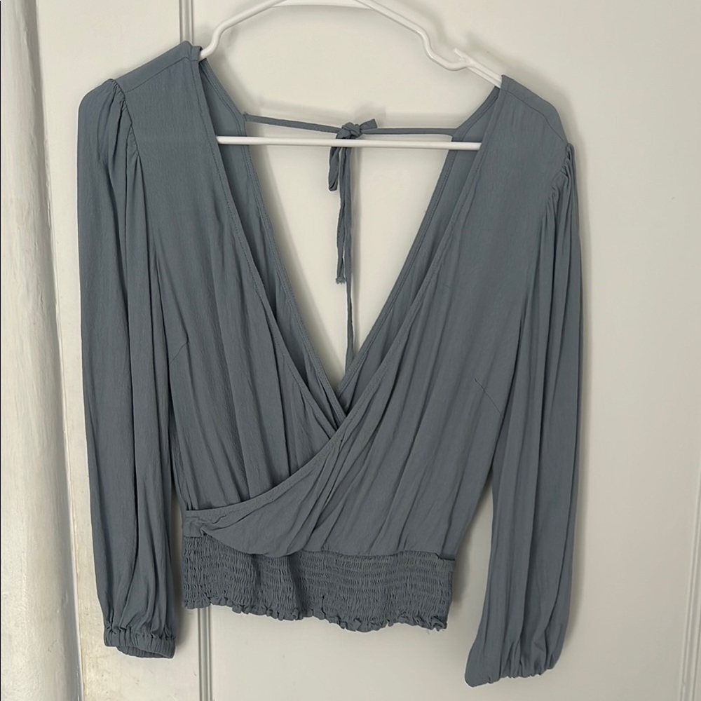 Hem & Thread Gray blue Wrap Tie back Blouse